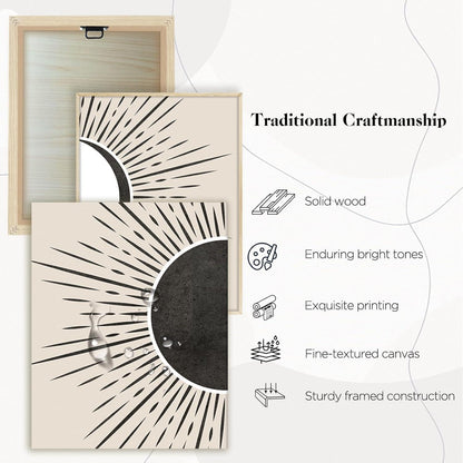 Modernes Sonne Mond Boho Wandbild mit Holzrahmen Schwarz Beige