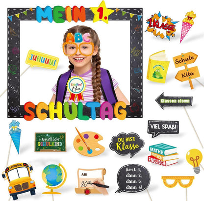 Einschulung Fotobox Accessoires mit Fotorahmen und 20 Foto Requisiten
