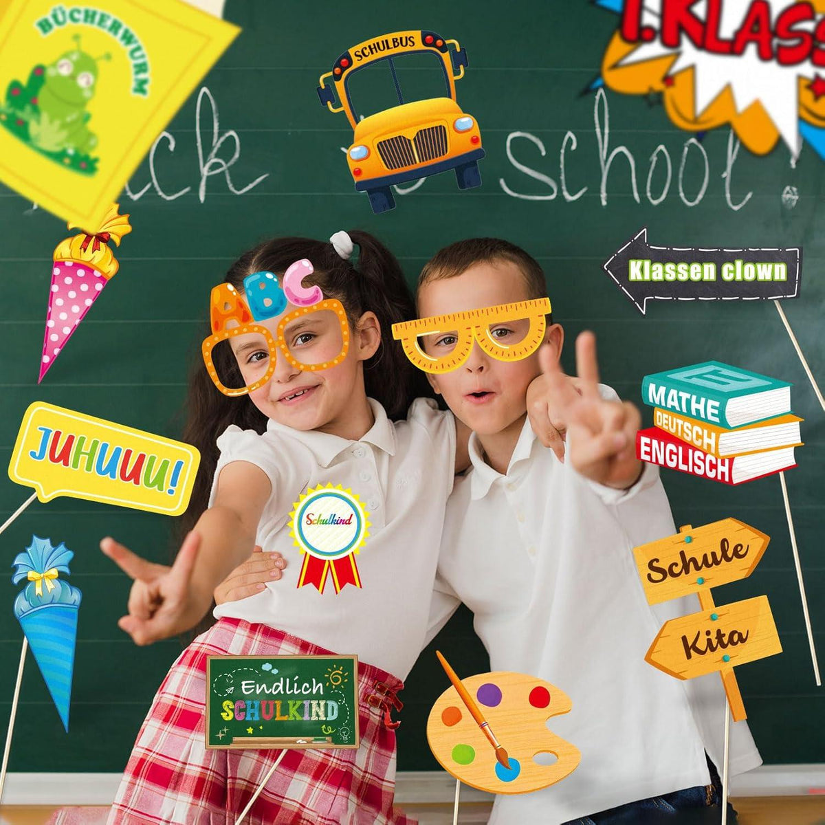 Einschulung Fotobox Accessoires mit Fotorahmen und 20 Foto Requisiten