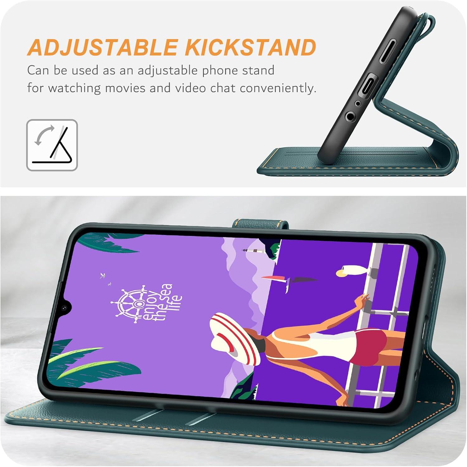 Samsung Galaxy A15 Handyhülle Leder Klapphülle [Kartenschlitz] [Magnet] [Stand] Grün