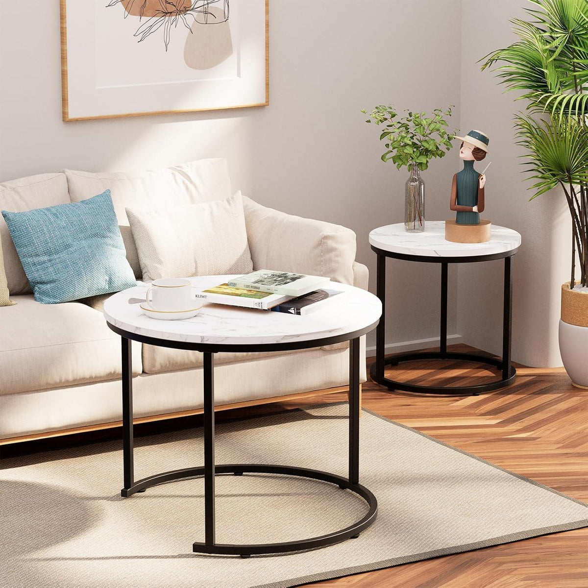 Runde Couchtische 2er-Set Metallrahmen weißer Marmorplatte 60 cm