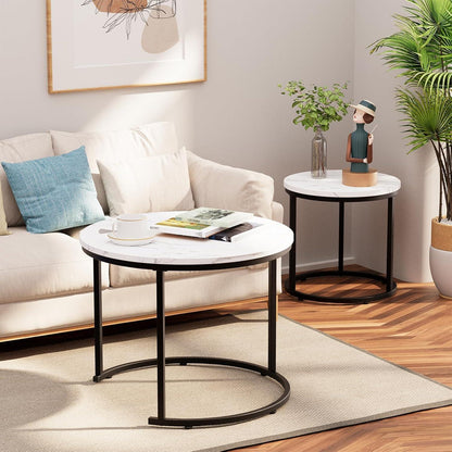 Runde Couchtische 2er-Set Metallrahmen weißer Marmorplatte 60 cm