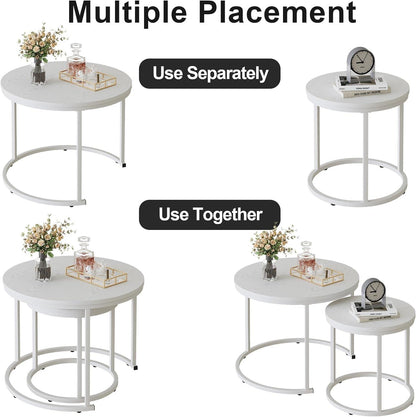 Runde Beistelltische Set Metallrahmen Wohnzimmer Schlafzimmer Büro 60 cm weißer Rahmen weiße Oberseite