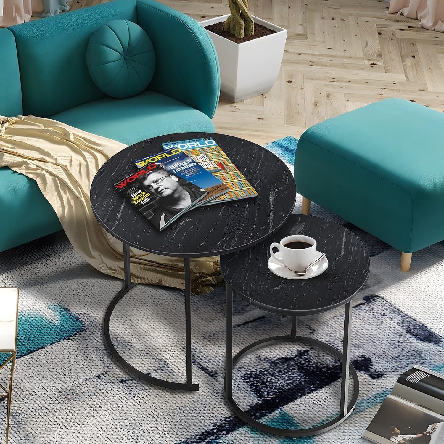 Runde Couchtische, Set mit 2 Beistelltischen, Metallrahmen, Durchmesser 40 cm, Schwarz Marmorplatte