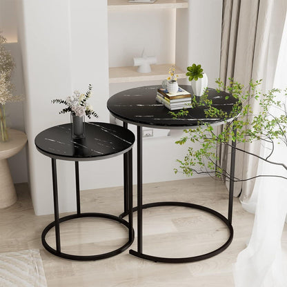 Runde Couchtische, Set mit 2 Beistelltischen, Metallrahmen, Durchmesser 40 cm, Schwarz Marmorplatte
