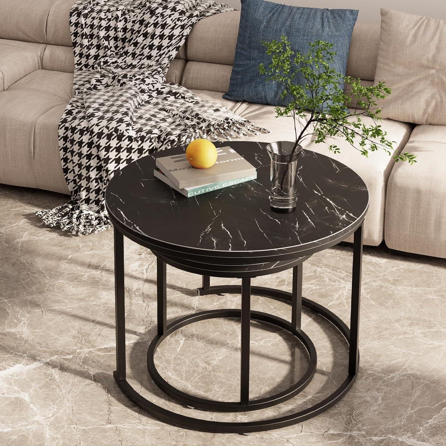 Huhote Runde Couchtische 2er-Set Beistelltisch Metallrahmen Wohnzimmer Schlafzimmer Büro Wohnung 60cm