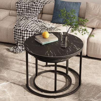 Huhote Runde Couchtische 2er-Set Beistelltisch Metallrahmen Wohnzimmer Schlafzimmer Büro Wohnung 60cm