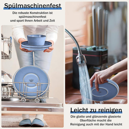 18-tlg Geschirr Set Steinzeug Tafelservice Müslischüsseln Dessertteller Blau - Mikrowellen- Spülmaschinenfest