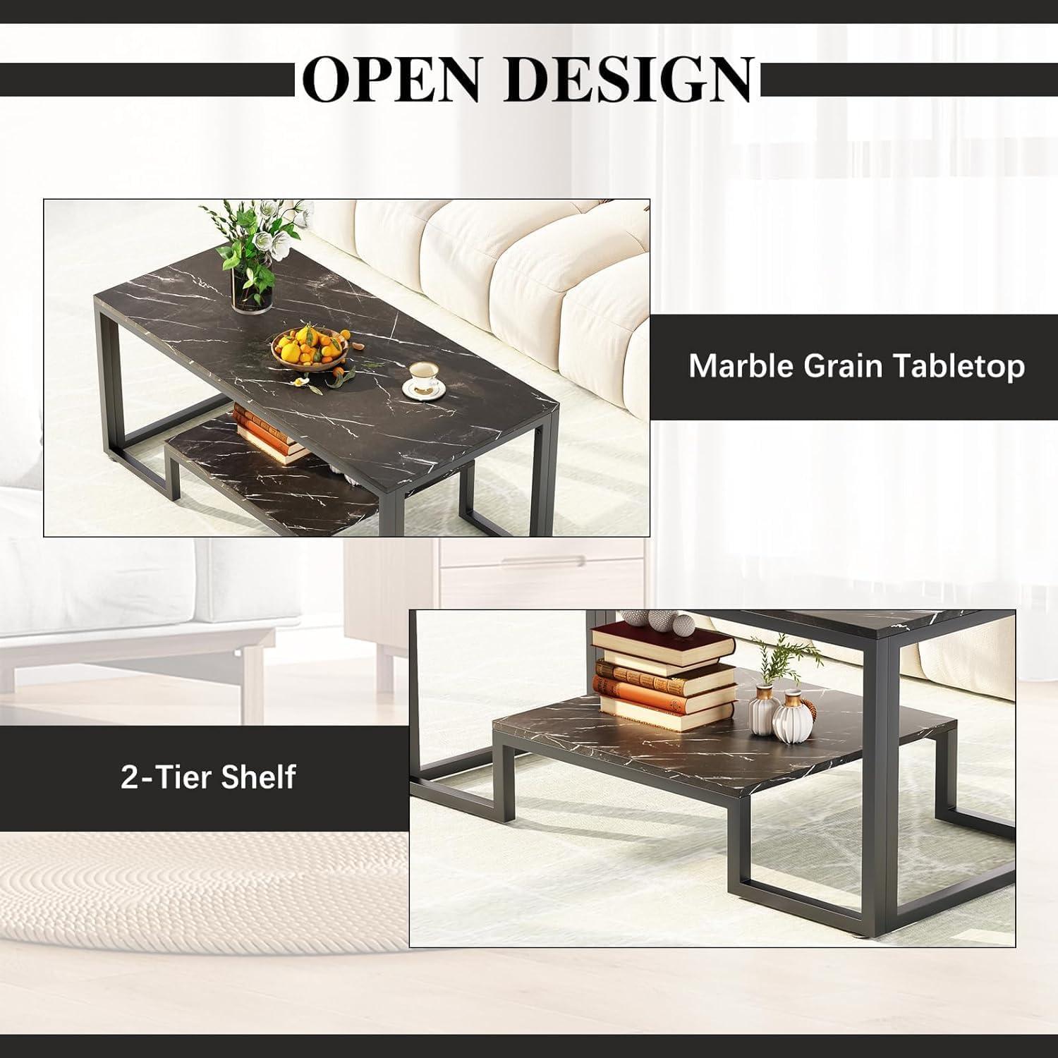 Moderner Couchtisch 2 Etagen Schwarz Metallrahmen 100x48x50cm