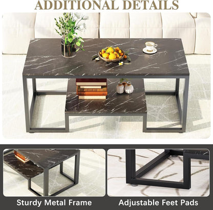 Couchtisch 2 Etagen Schwarz Metallrahmen 100x48x50cm Marmor