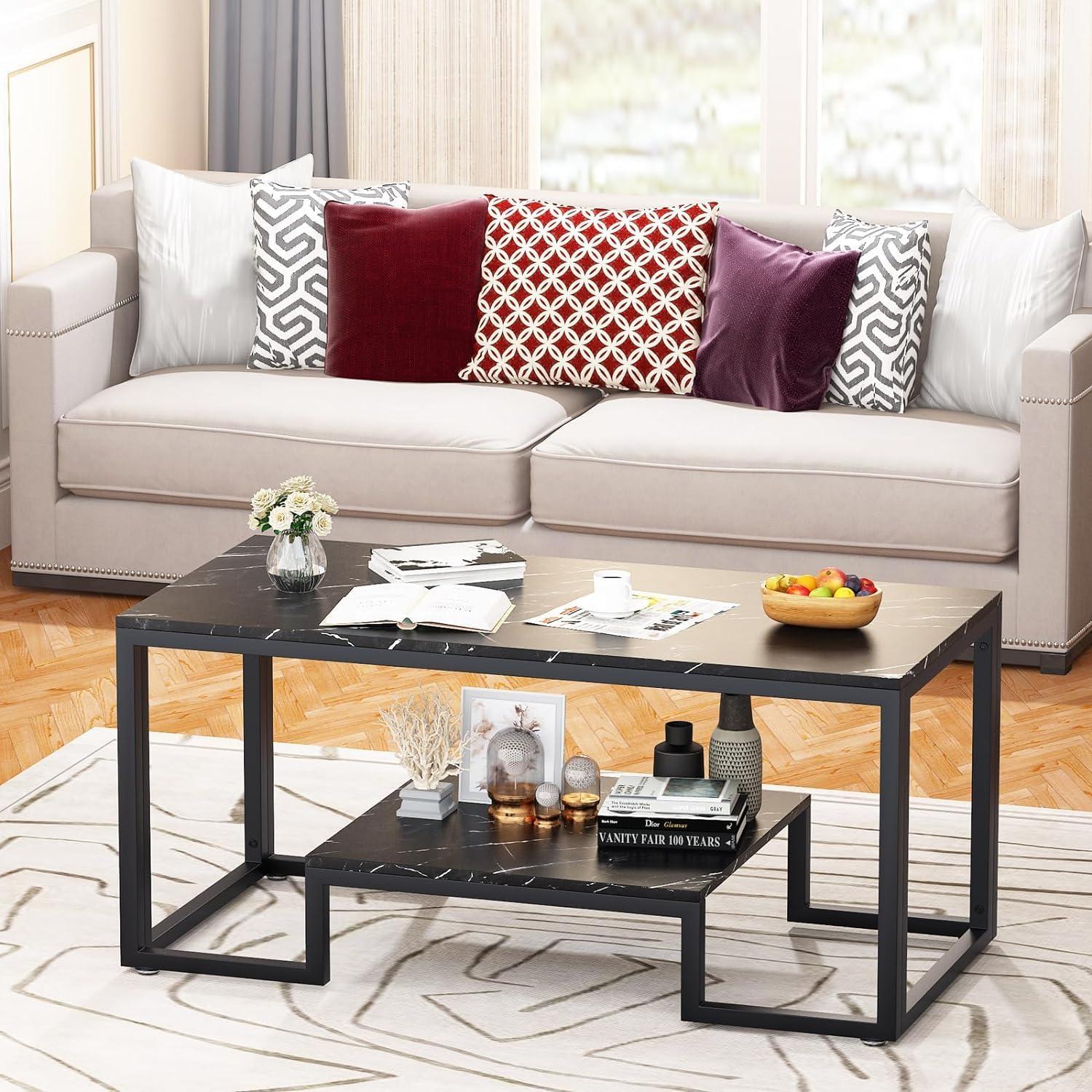 Moderner Couchtisch 2 Etagen Schwarz Metallrahmen 100x48x50cm