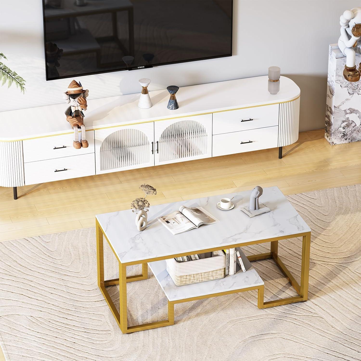 Couchtisch 100x48x50cm 2 Etagen, weißer Marmor, modernes Design