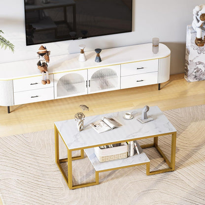 Couchtisch 100x48x50cm 2 Etagen, weißer Marmor, modernes Design