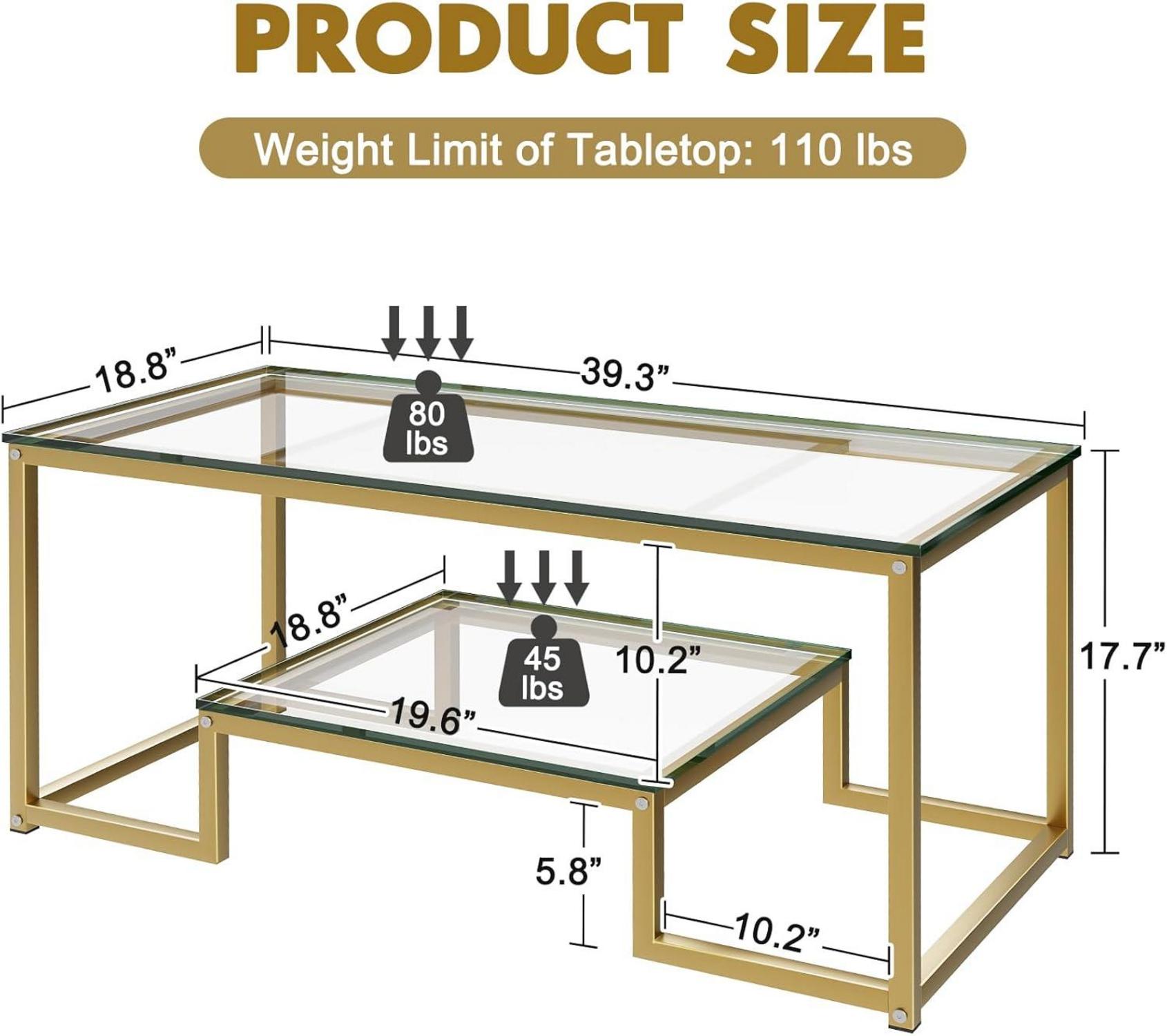 Moderner Couchtisch 2-lagig 100x47x45 cm Glas Metallrahmen