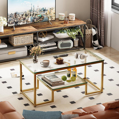 Moderner Couchtisch mit 2 Ebenen, Glasplatte, Metallgestell, gold, 100 x 47 x 45 cm
