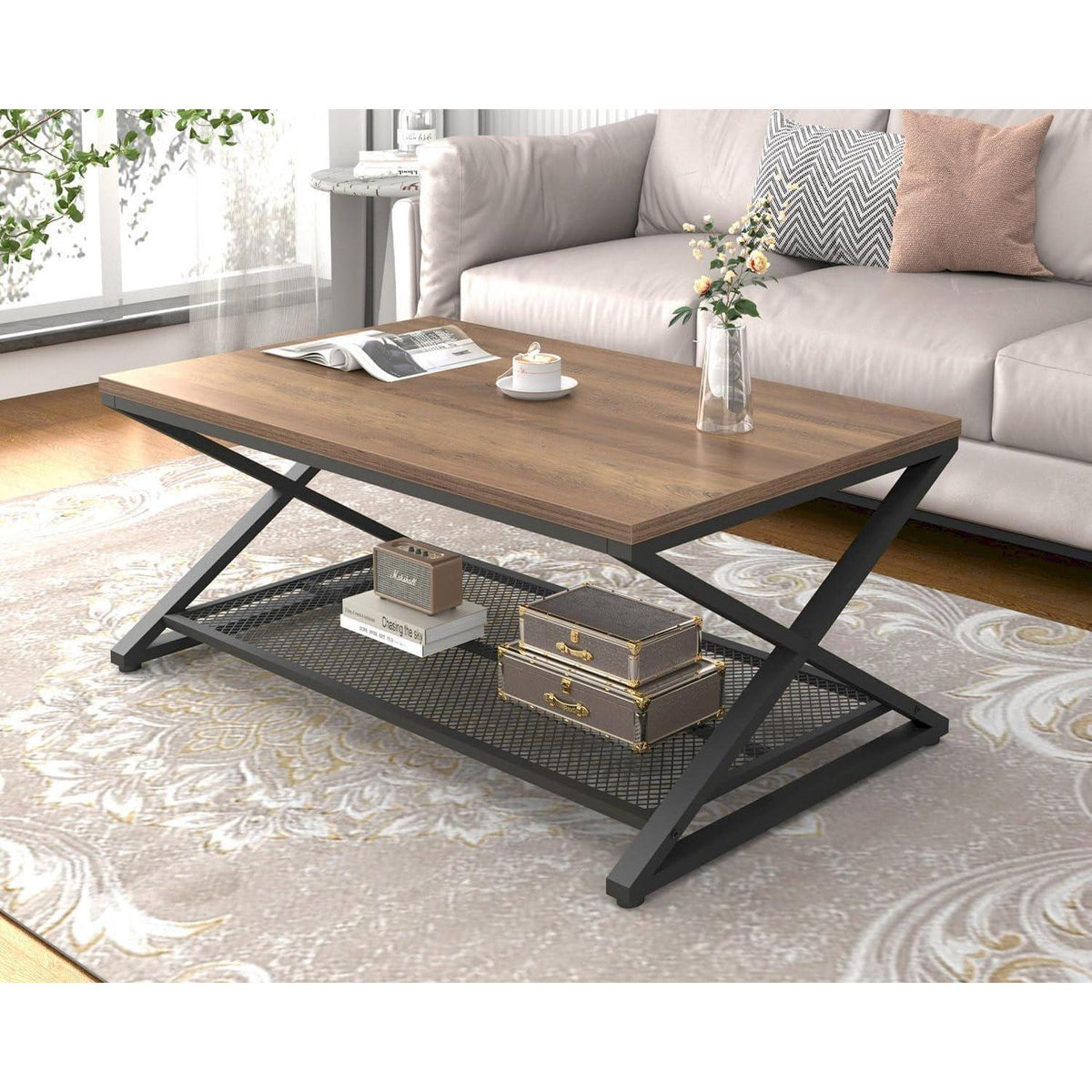 Couchtisch Holz mit Stauraum, Rechteckig 100x60 cm, Heller Eiche