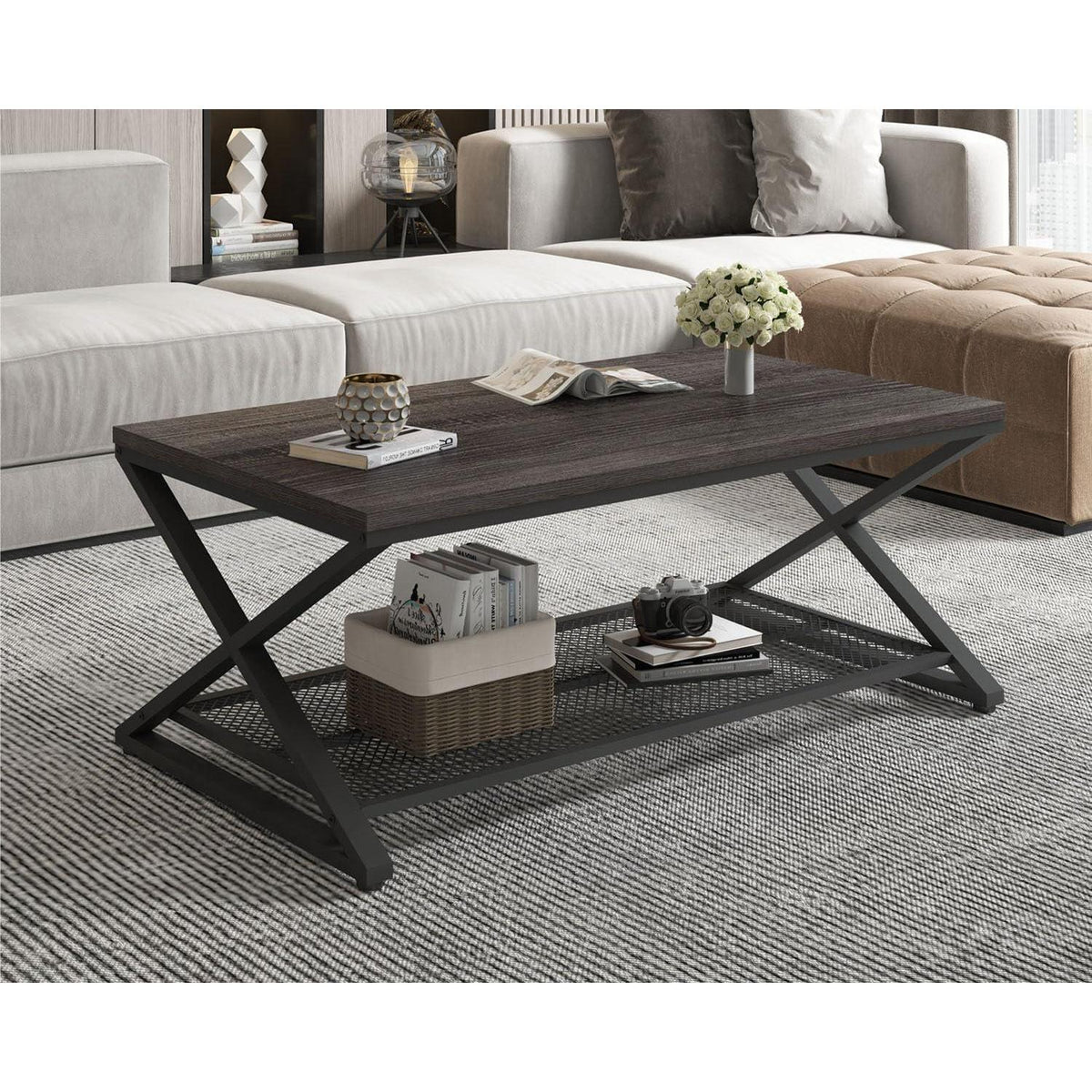 Couchtisch mit Stauraum, Dunkelgraueiche, 100x60x45 cm