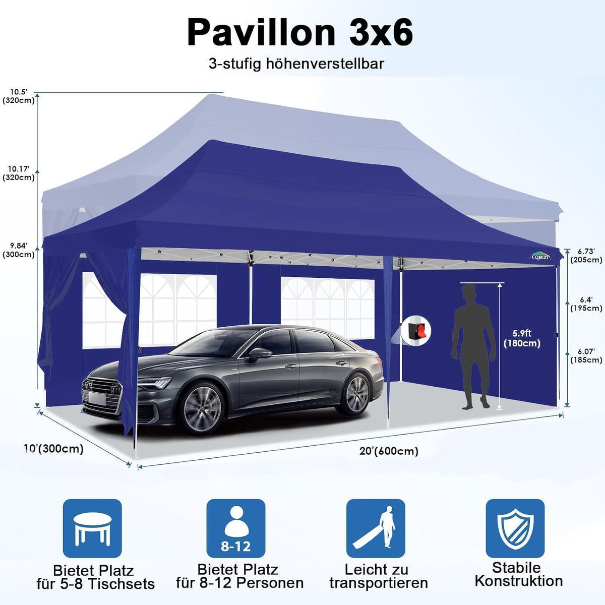 3x6m Faltpavillon wasserdicht mit 6 Seitenwänden