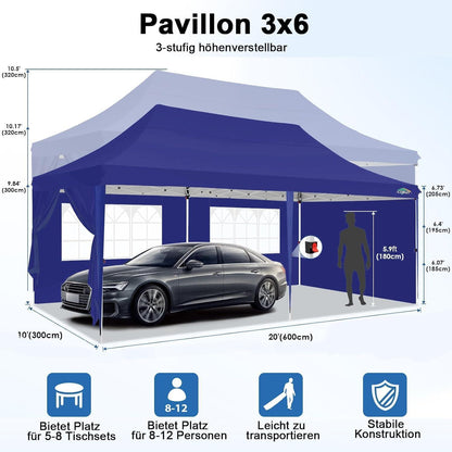 3x6m Faltpavillon wasserdicht mit 6 Seitenwänden