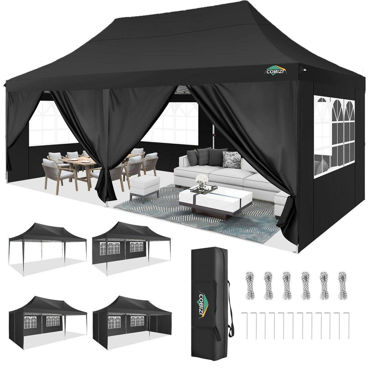 3x6m Faltpavillon wasserdicht mit 6 Seitenwänden & UV-Schutz