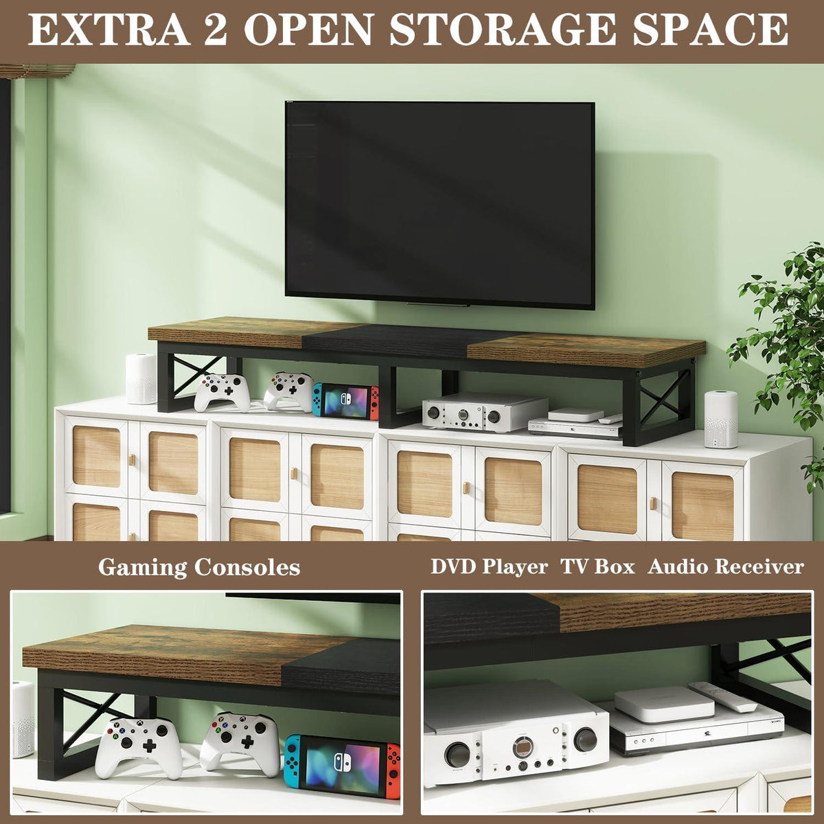 IBUYKE TV-Schrank Tisch 114cm Dual Screen TV-Ständer bis 60 Zoll Braun