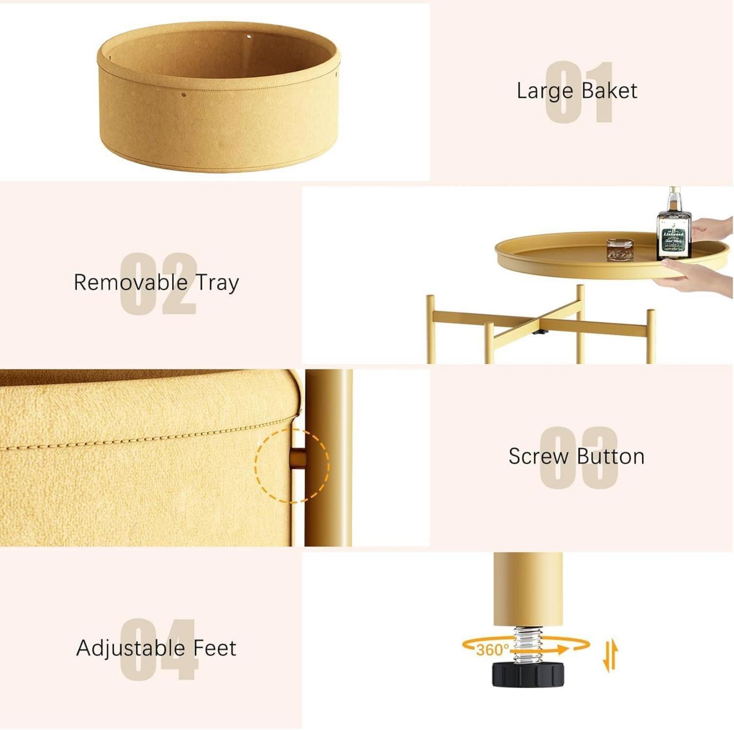 Runder Beistelltisch mit Stoffkorb in Gold, moderner Nachttisch