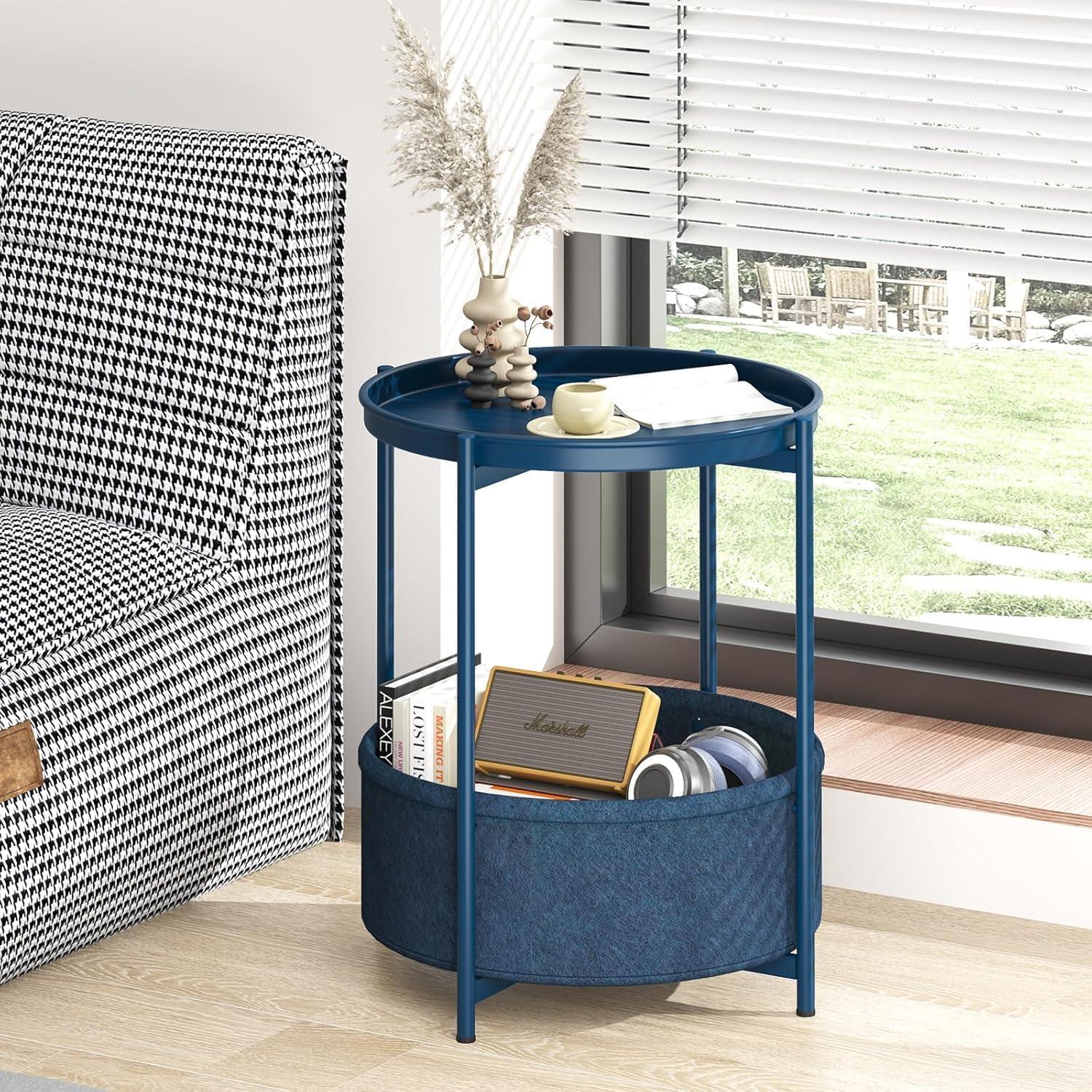 Runder Beistelltisch mit Stoffkorb, Moderner Stil Blau