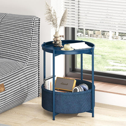 Runder Beistelltisch mit Stoffkorb, Moderner Stil Blau