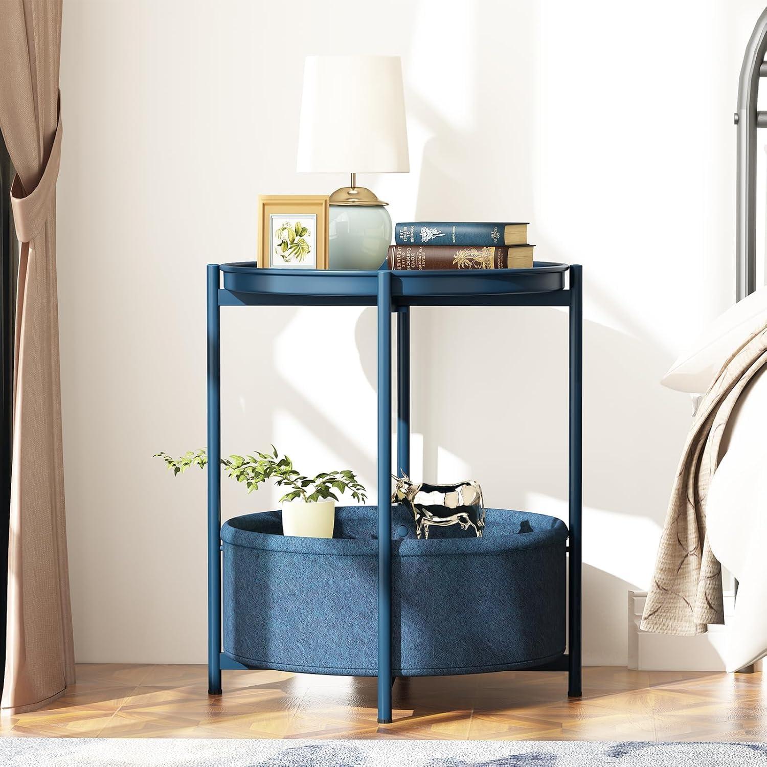 Runder Beistelltisch mit Stoffkorb in Blau, Moderner Stil