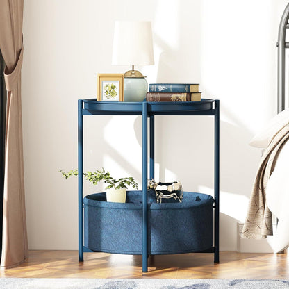 Runder Beistelltisch mit Stoffkorb in Blau, Moderner Stil