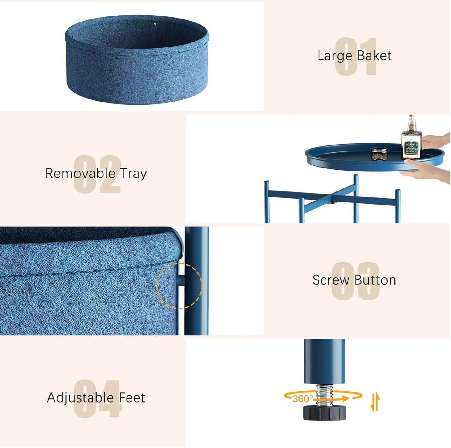 Runder Beistelltisch Stoffkorb Nachttisch Moderner Stil Blau