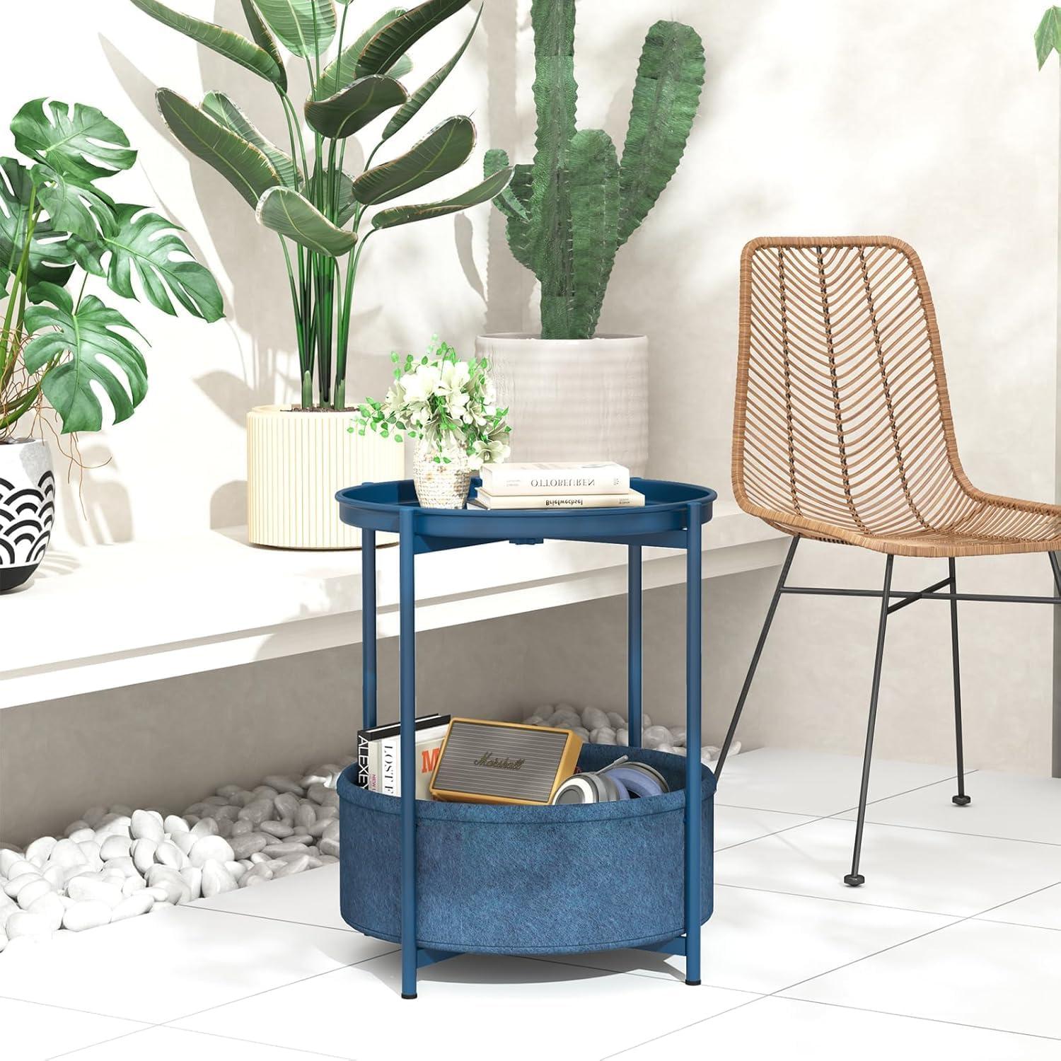 Runder Beistelltisch mit Stoffkorb in Blau, Moderner Stil