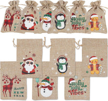 12 Weihnachts-Burlap-Jute-Geschenktüten Zugbändern 24 Motiven
