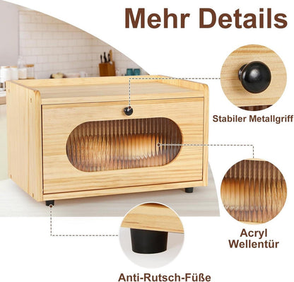 GUUSII HOME Brotkasten Zirbenholz Brotbox Küchentheke Brot Aufbewahrungsbox Magnetisch Acryltür 36.5x23.5x22cm Braun
