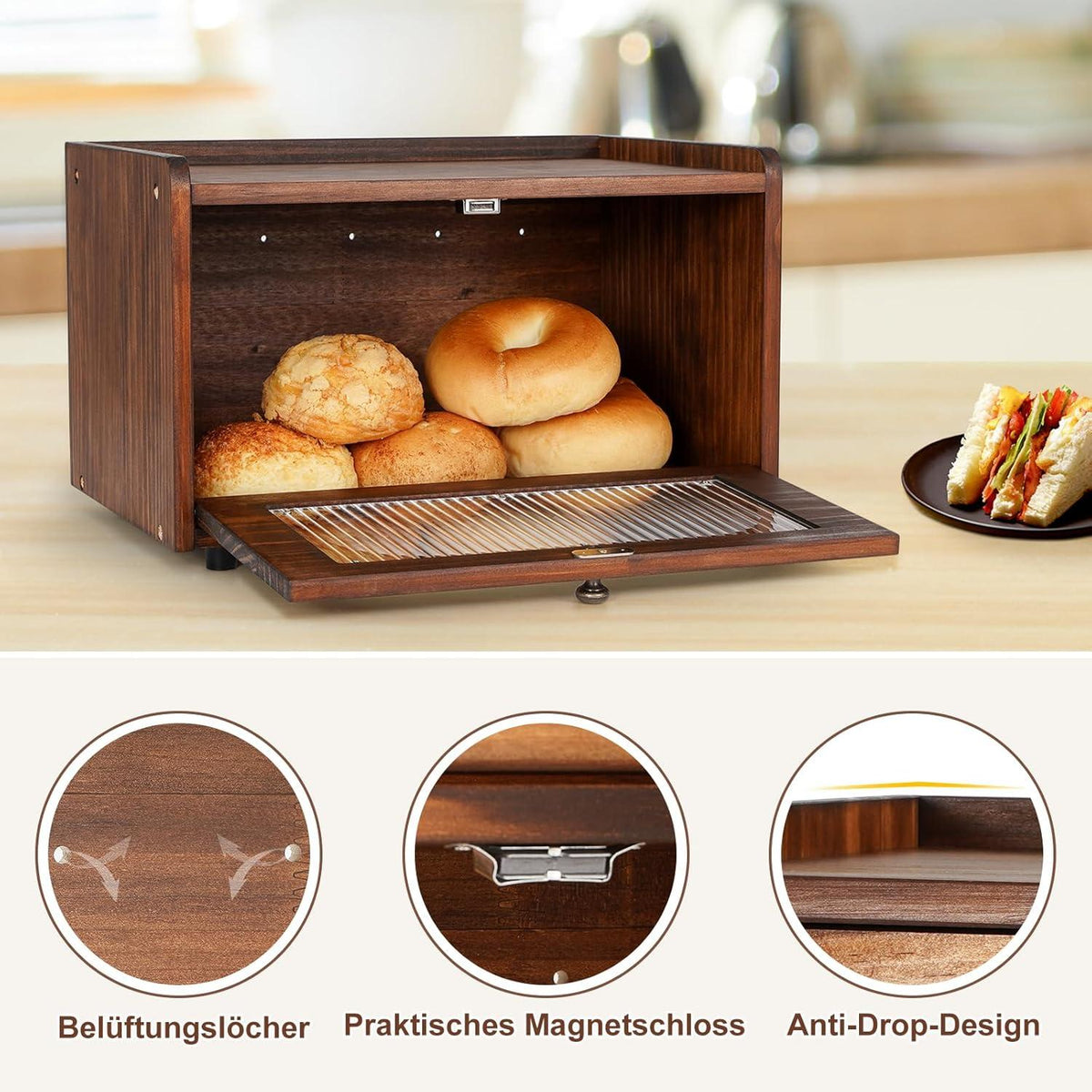 Brotkasten Holz Aufbewahrungsbox Acryltür Braun 36.5x23.5cm