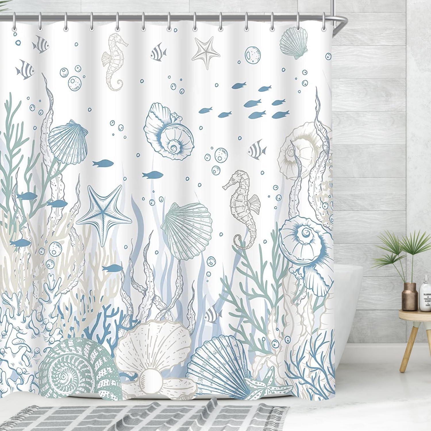 Duschvorhang U-Boot Seepferdchen 100x200cm Textil Wasserabweisend 6 Ösen Badezimmer
