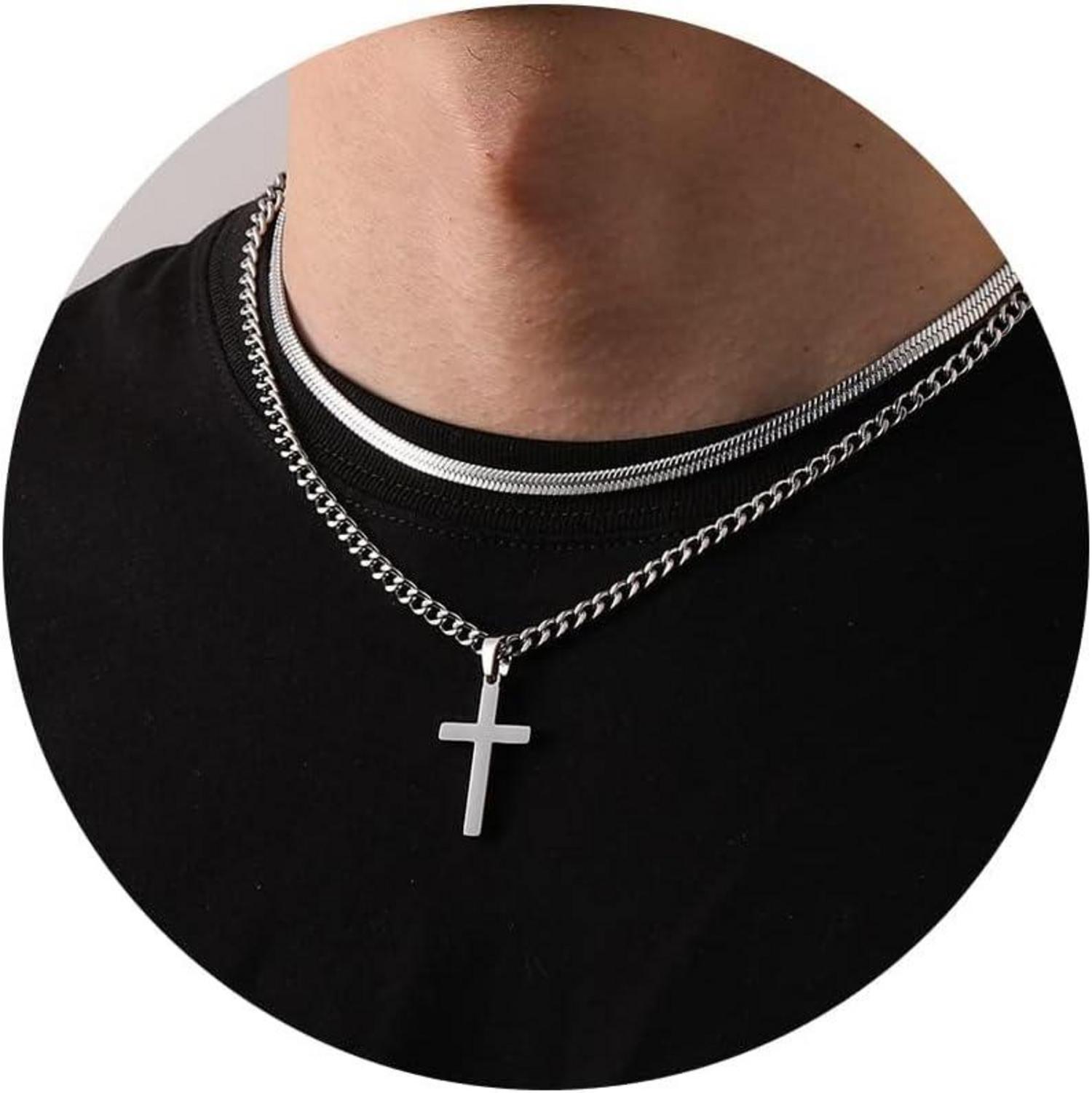 Kreuzkette Herren Silber Gold Schwarz Edelstahl Kubanische Kette