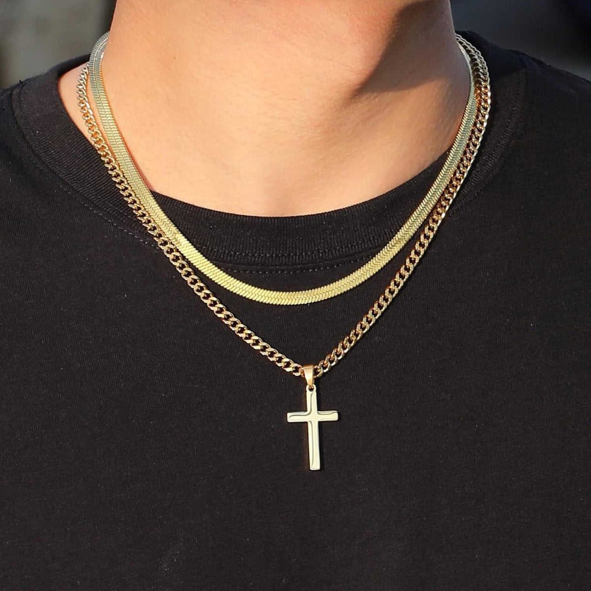 Herren Kreuzkette Edelstahl Kubanische Kette in Schwarz