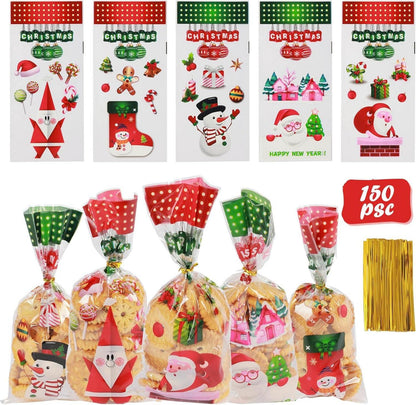 150 Weihnachts-Zellophantüten mit Drahtverschlüssen