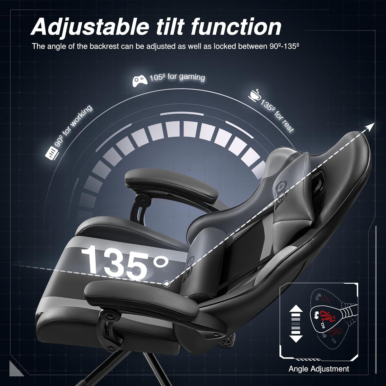 Ergonomischer Gaming Stuhl mit hoher Rückenlehne und verstellbarer Neigung - Schwarzgrau