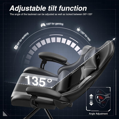 Ergonomischer Gaming Stuhl mit hoher Rückenlehne und verstellbarer Neigung - Schwarzgrau