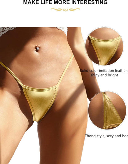 Damen Sexy Mini String Tanga Kunstleder G-String Thongs Gold S-XXL