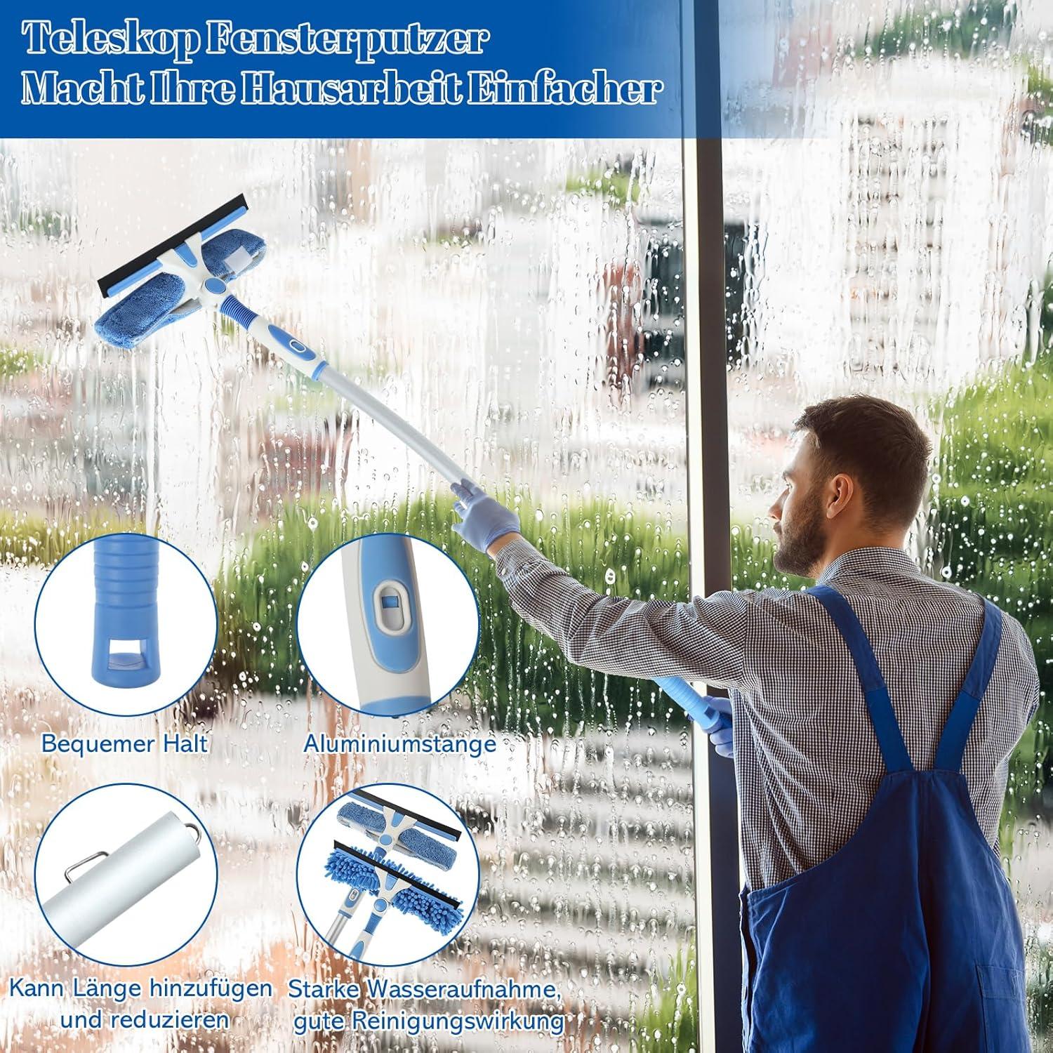 Teleskop Fensterputzer Set, 2-in-1 Reiniger 105 Zoll, Biegbarer