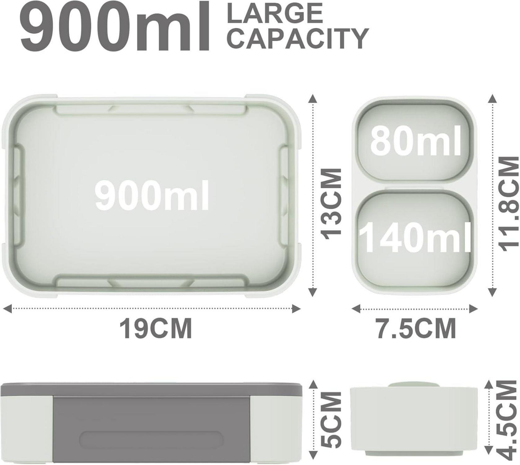 Brotdose mit Fächern 900ml Auslaufsicher Bento-Box Lunchbox Grey