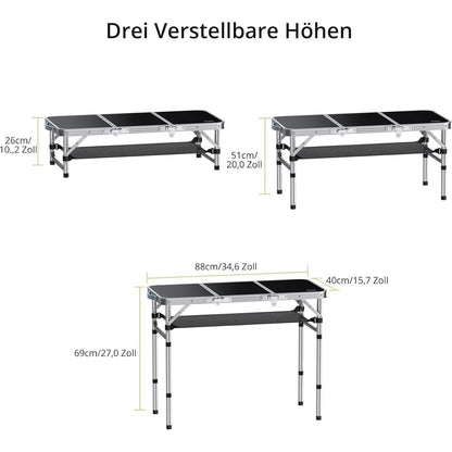 Aluminium Campingtisch klappbar 88x40cm mit 3 Höhen & Netz