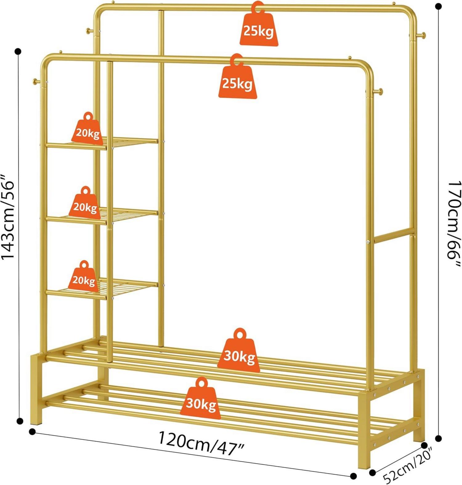 Kleiderständer Metall Gold 170x120cm 2 Kleiderstange 4 Haken 3 Regal 2
