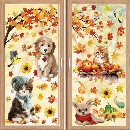 Herbstdeko Fensterbilder 9PCS Kätzchen Welpe Ahornblätter Sticker