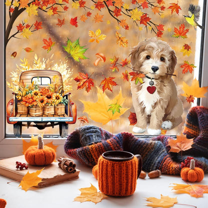 Herbst Deko 9PCS Fensterbilder Kätzchen Welpe Ahorn Thanksgiving