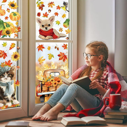 BBLIKE Herbstdeko Fensterbilder 9PCS Kätzchen Welpe Erntedankfest Sticker