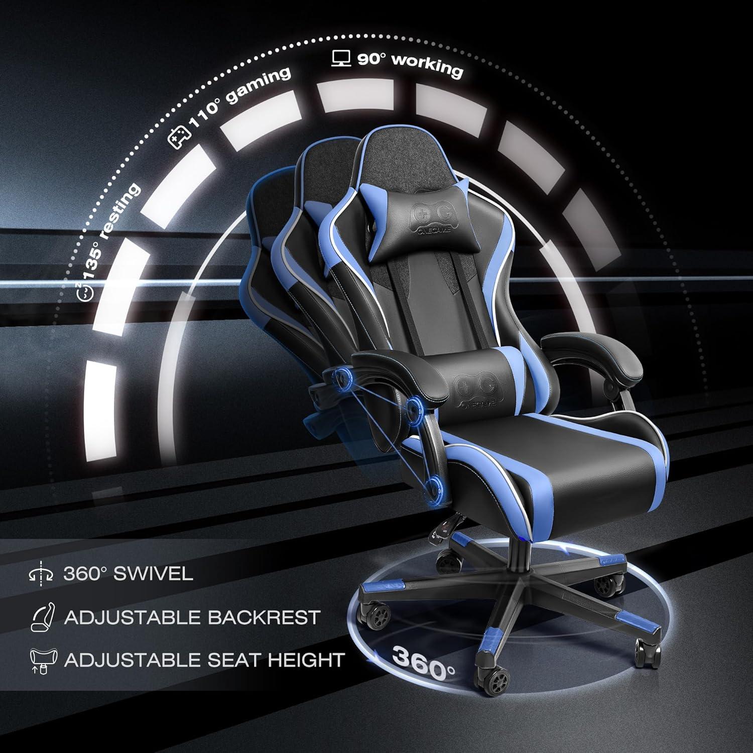OneGame Gaming Stuhl ergonomisch höhenverstellbar mit Lendenkissen Blau 150KG